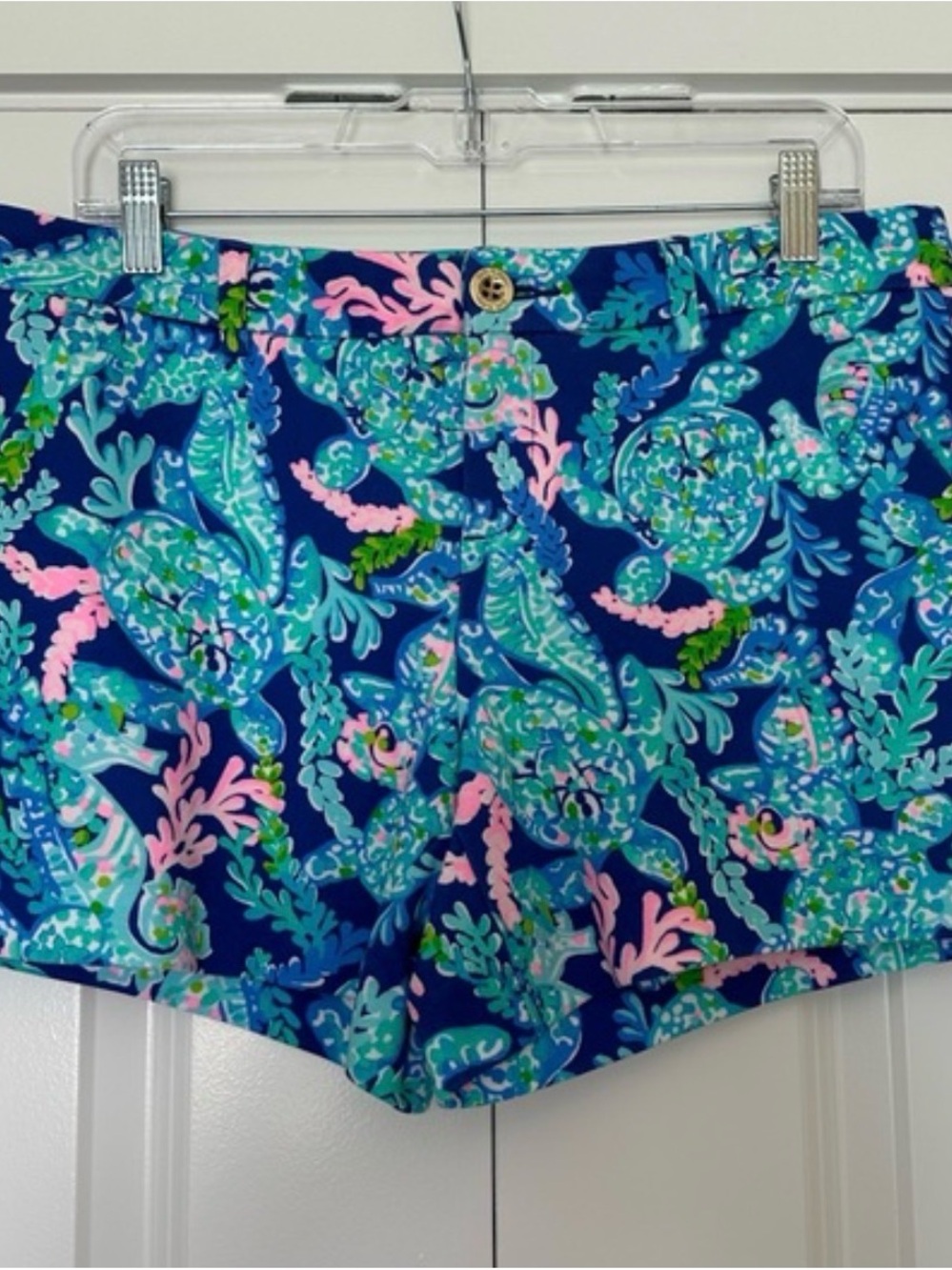 Lilly Pulitzer Navy Tropical High-Waist Shorts with Aqua & Pink Accents